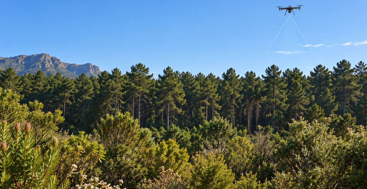 Drone in flight over a forest site, capturing aerial data