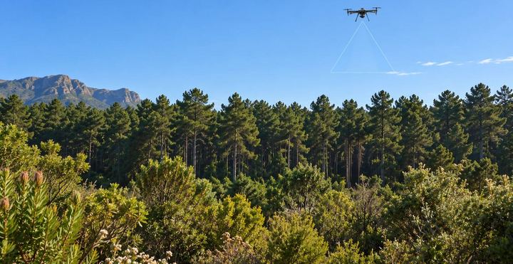 Drone capturing aerial data over a forest site