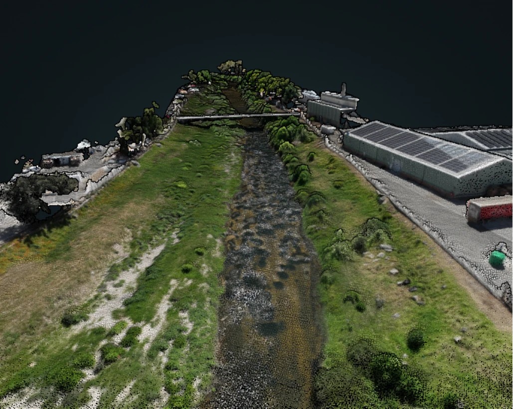 Stream corridor, bridge and adjoining site as a point cloud and as a textured 3D model