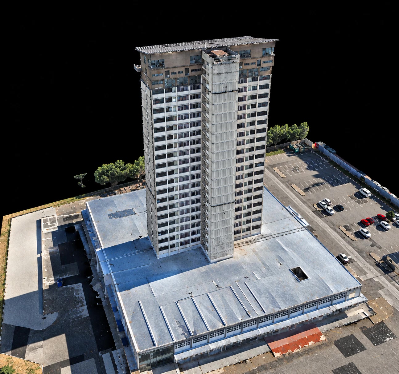 3D reconstruction of a high-rise tower and podium, shown from several angles